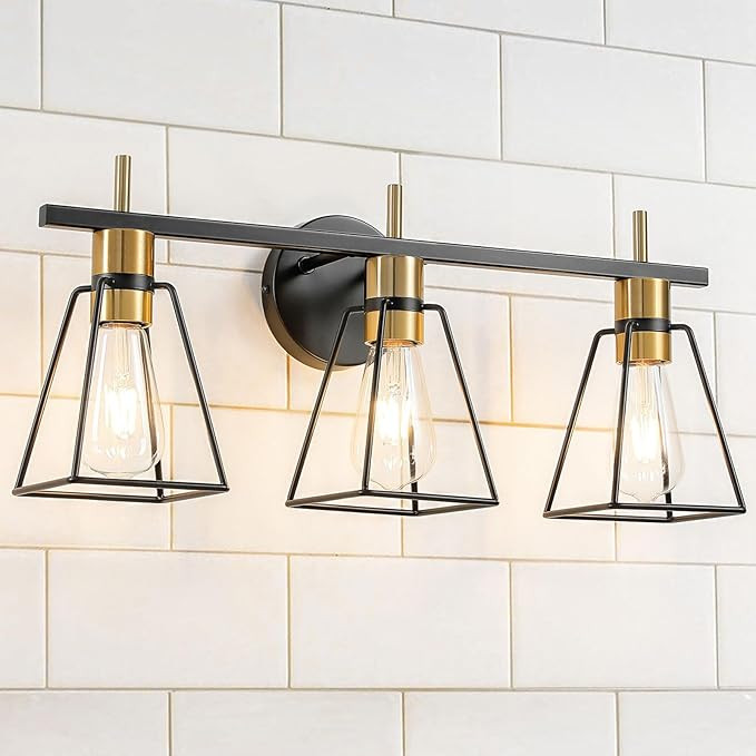 Industrial Bathroom Vanity Lights: 3-Light Black and Gold Vintage Metal Cage Wall Sconce - Rustic... | Amazon (US)