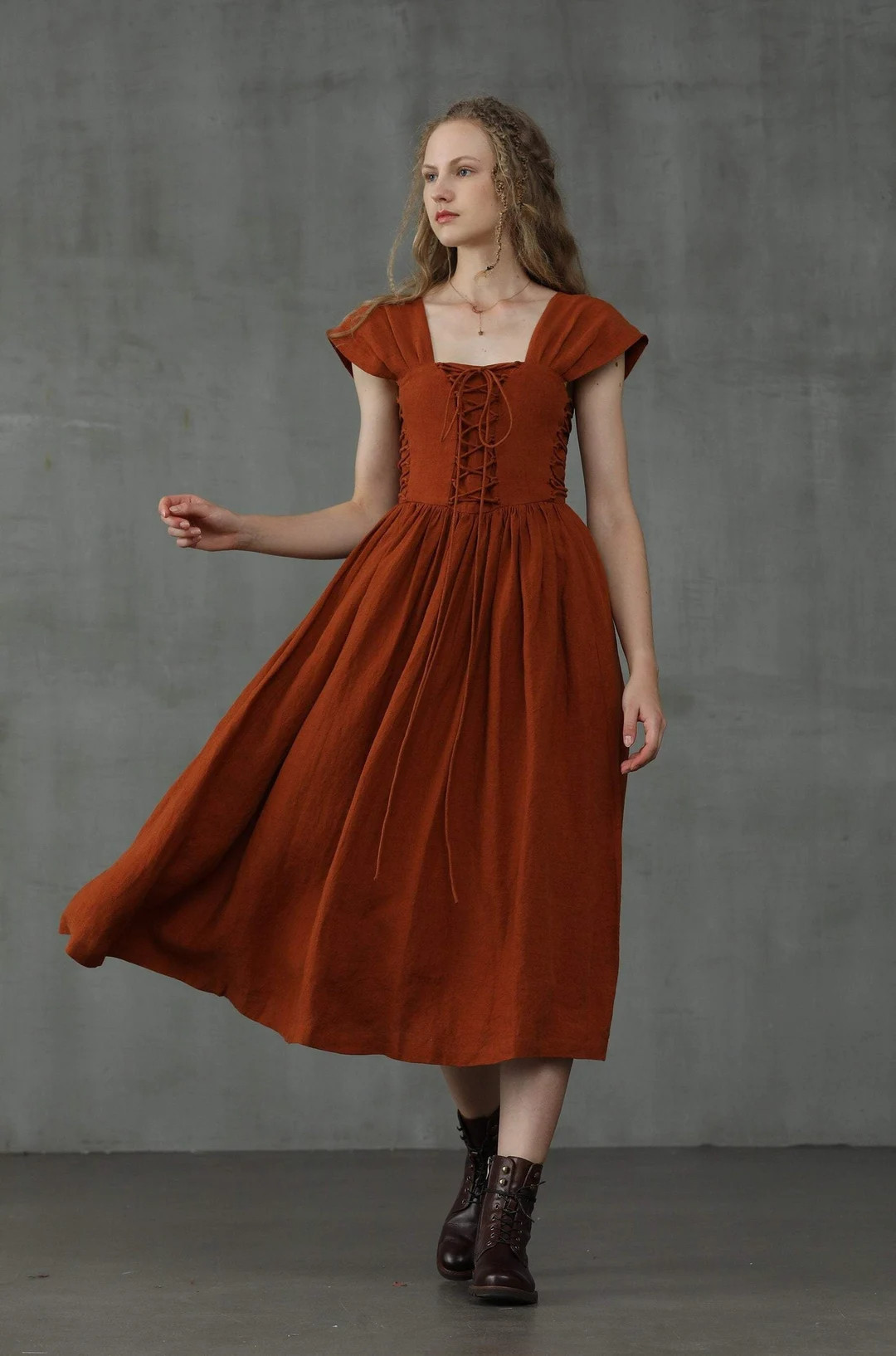 Linen Formal Dress, Corset Linen Dress in Dark Burnt Orange, Front Lace-up Dress, Mid calf Dress,... | Etsy (US)
