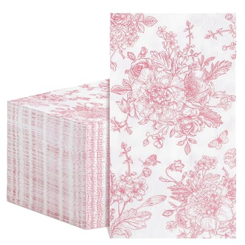 NatNarr 100 Pcs Pink Floral Napkins, Valentines Napkins Disposable Decorative Bathroom Napkin Pink Toile Guest Dinner Napkin for Wedding, Bridal Baby Shower, Tea Party | Amazon (US)