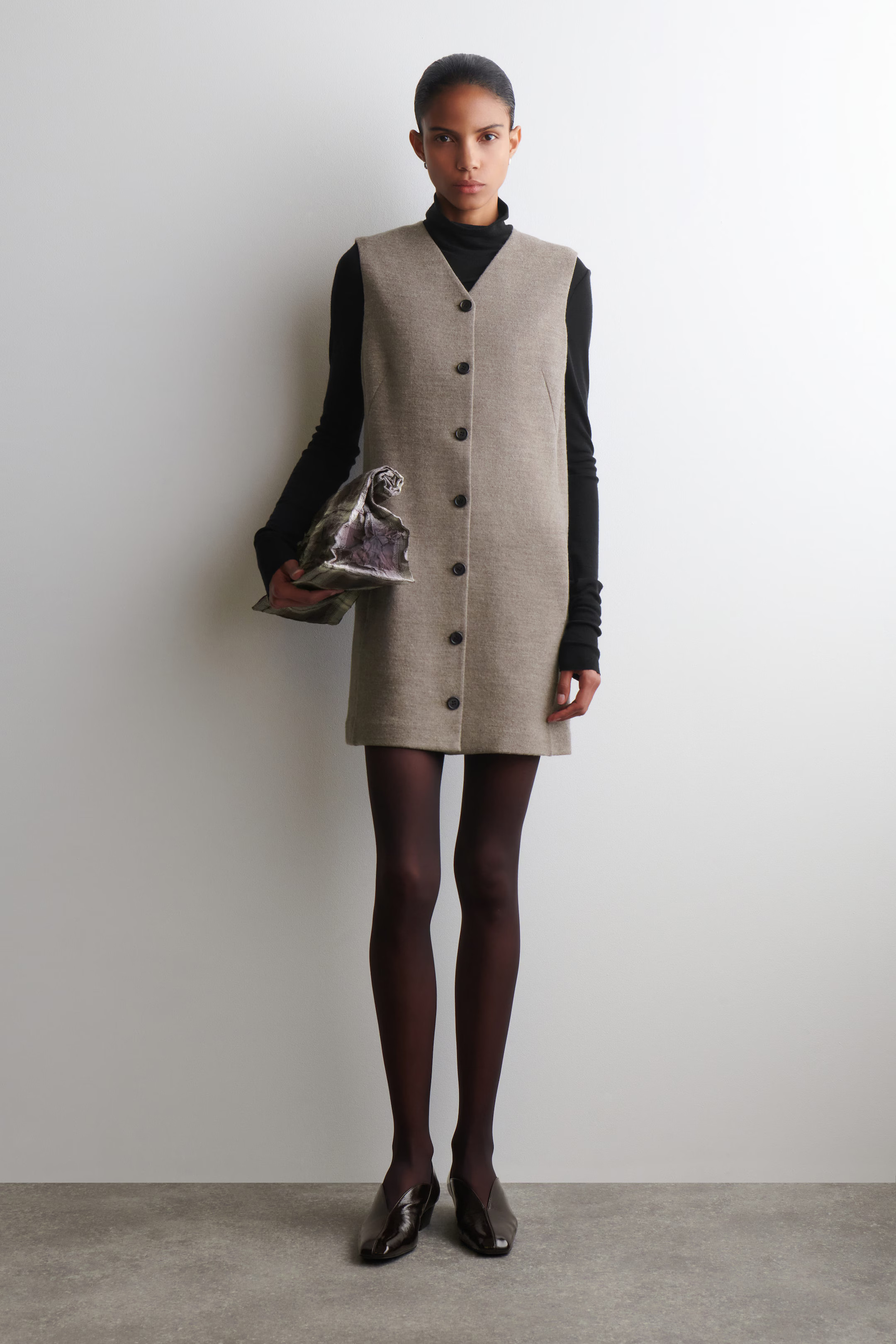 MERINO WOOL BUTTONED SHIFT MINI DRESS - BEIGE MÉLANGE | COS US | COS (US)