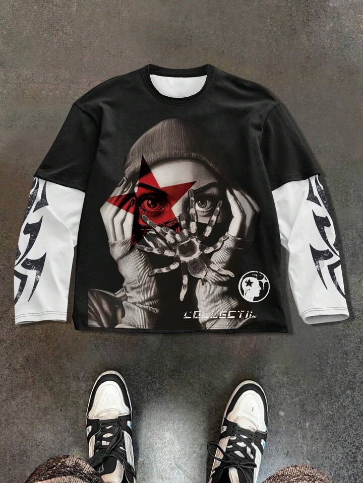 Manfinity EMRG Men's Casual Daily Colorblock Portrait Print Long Sleeve T-Shirt, Autumn | SHEIN