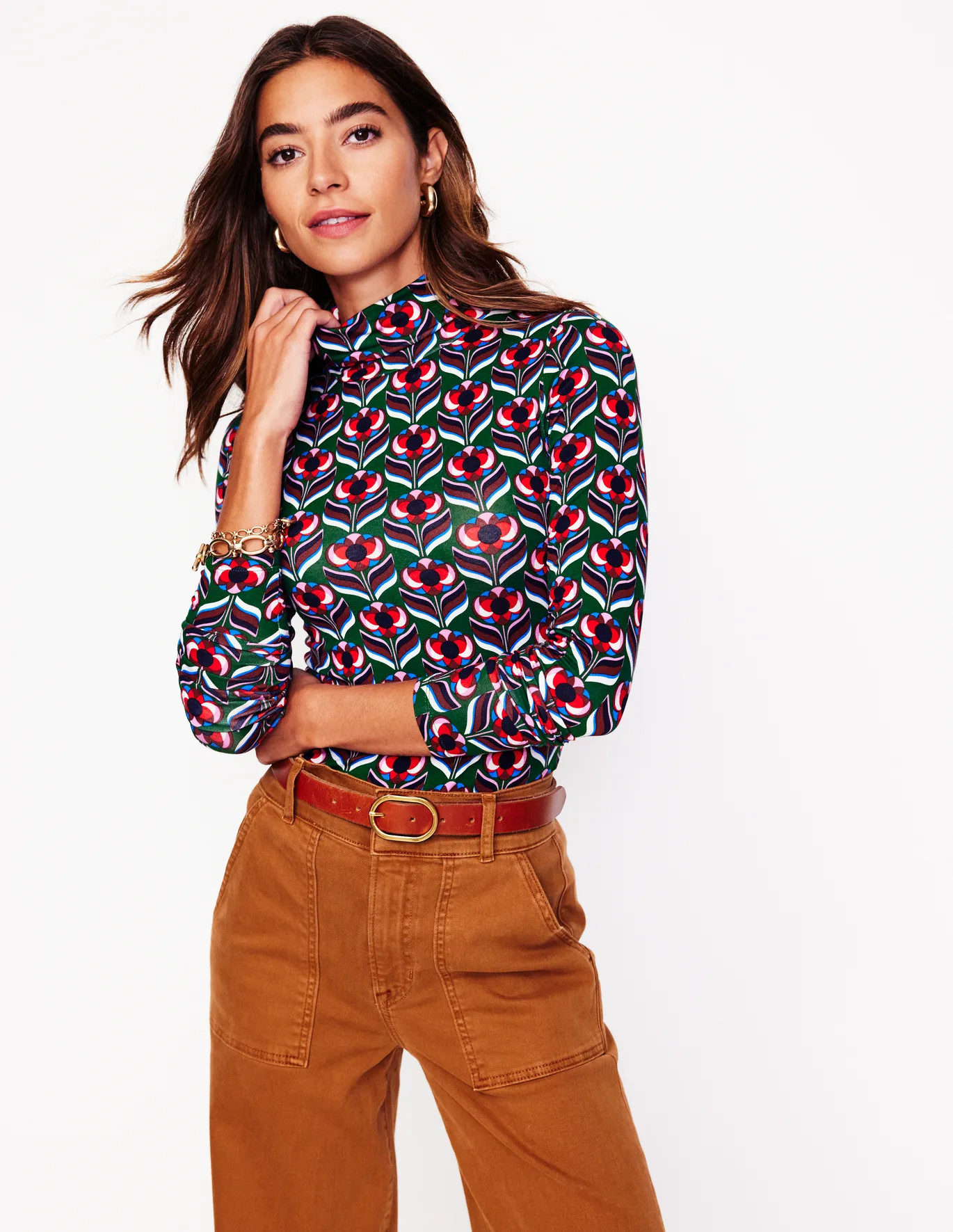 Polly Jersey Top - Pine, Blossom Stamp | Boden US | Boden (US)