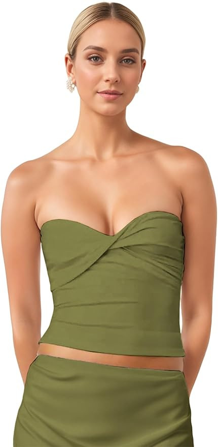 Twist Front Tube Tops for Women Strapless Y2k Going Out Bandeau Top Solid Off The Shoulder Corset... | Amazon (US)