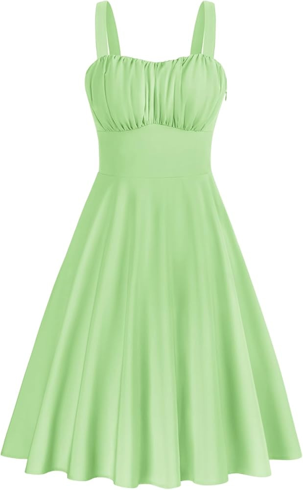 Belle Poque Women's Vintage Sleeveless Solid Floral Ruched Summer Cute A-Line Flowy Swing Midi Dr... | Amazon (US)