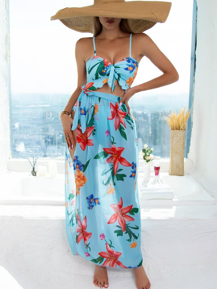 3pack Floral Print Ruffle Hem Bikini Swimsuit & Beach Swimsuit | SHEIN