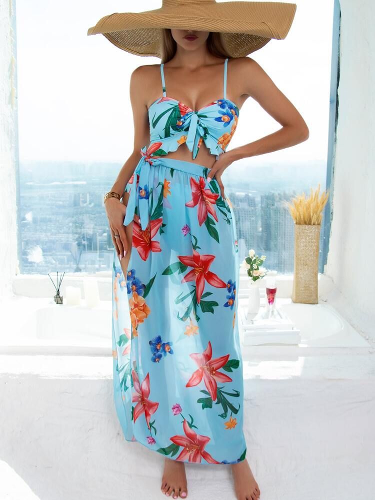 3pack Floral Print Ruffle Hem Bikini Swimsuit & Beach Swimsuit | SHEIN