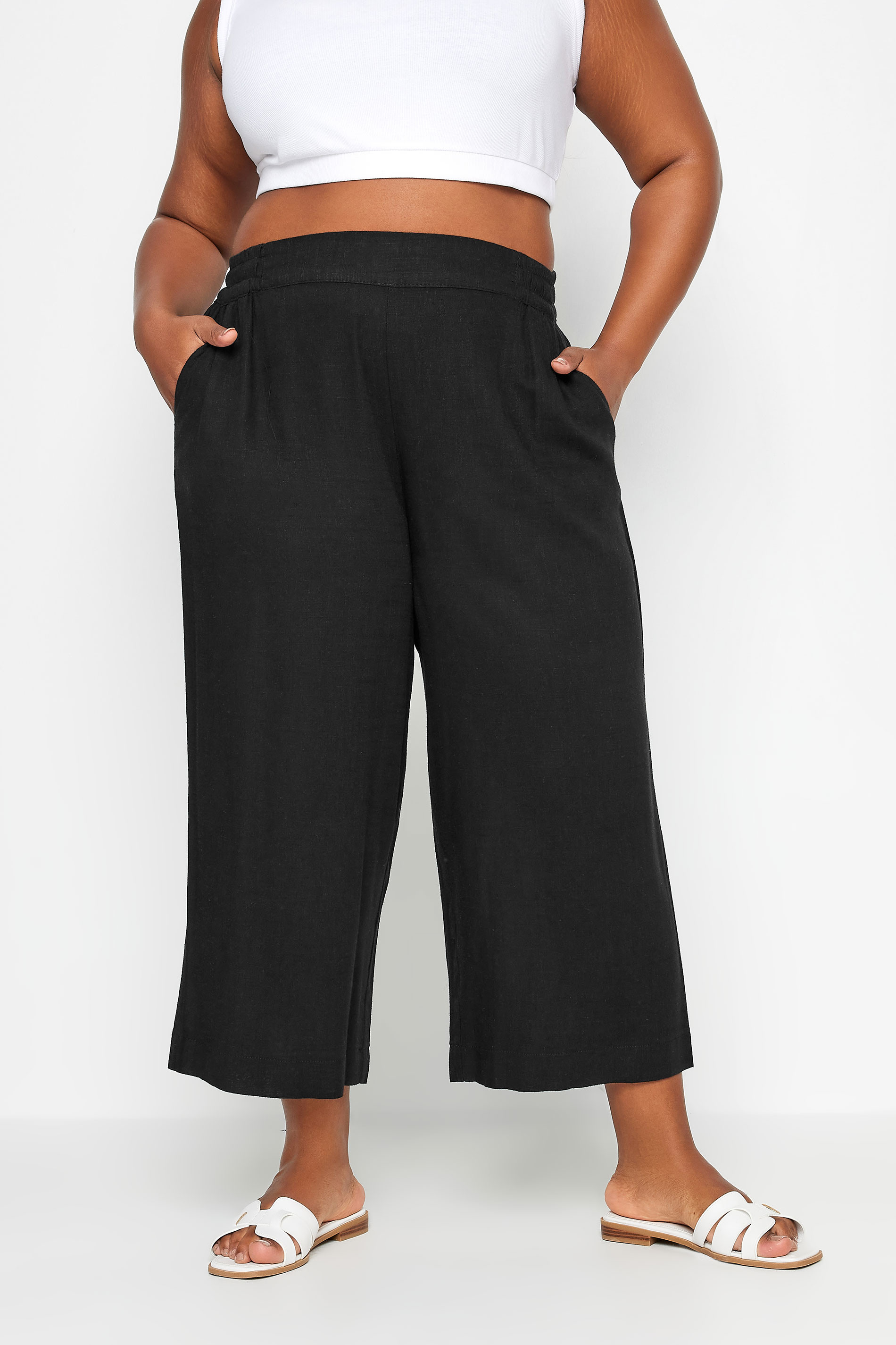 YOURS Plus Size Black Wide Leg Cropped Linen Trousers | Yours Clothing UK