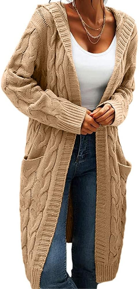 Women Hooded Open Front Cardigan Cable Knit Sweaters Solid Color Chunky Long Sweater Coats | Amazon (US)
