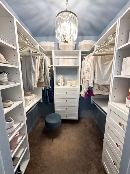 My teenagers closet remodel turned out so cute! I used a modular system and gave her a bougie chandelier, a velvet storage ottoman, and aesthetic storage bins. She has more functional storage options in a bright and clean closet. #teencloset #closetremodel #modularsystem #teenbedroom

#LTKhome