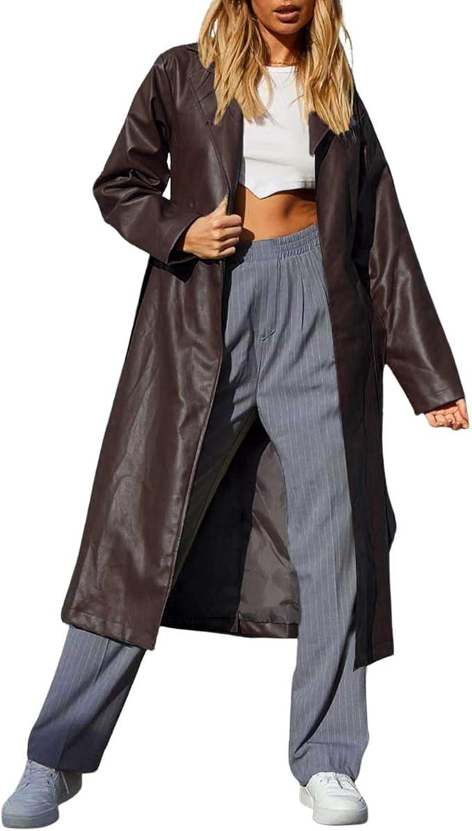 chouyatou Women's Casual Lapel Open Front Pu Faux Leather Long Trench Coat with Belt | Amazon (US)