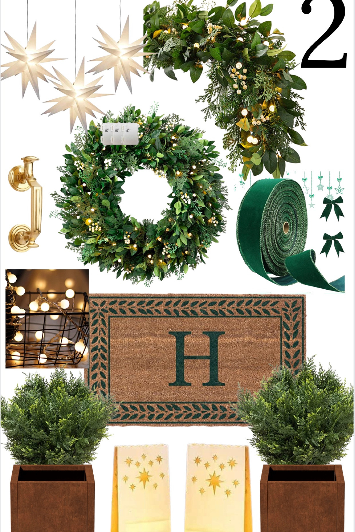 Traditional Christmas front door decor, holiday decorating, Green velvet, monogram doormat, race, Garland, hanging stars￼

#LTKHoliday #LTKSeasonal #LTKhome