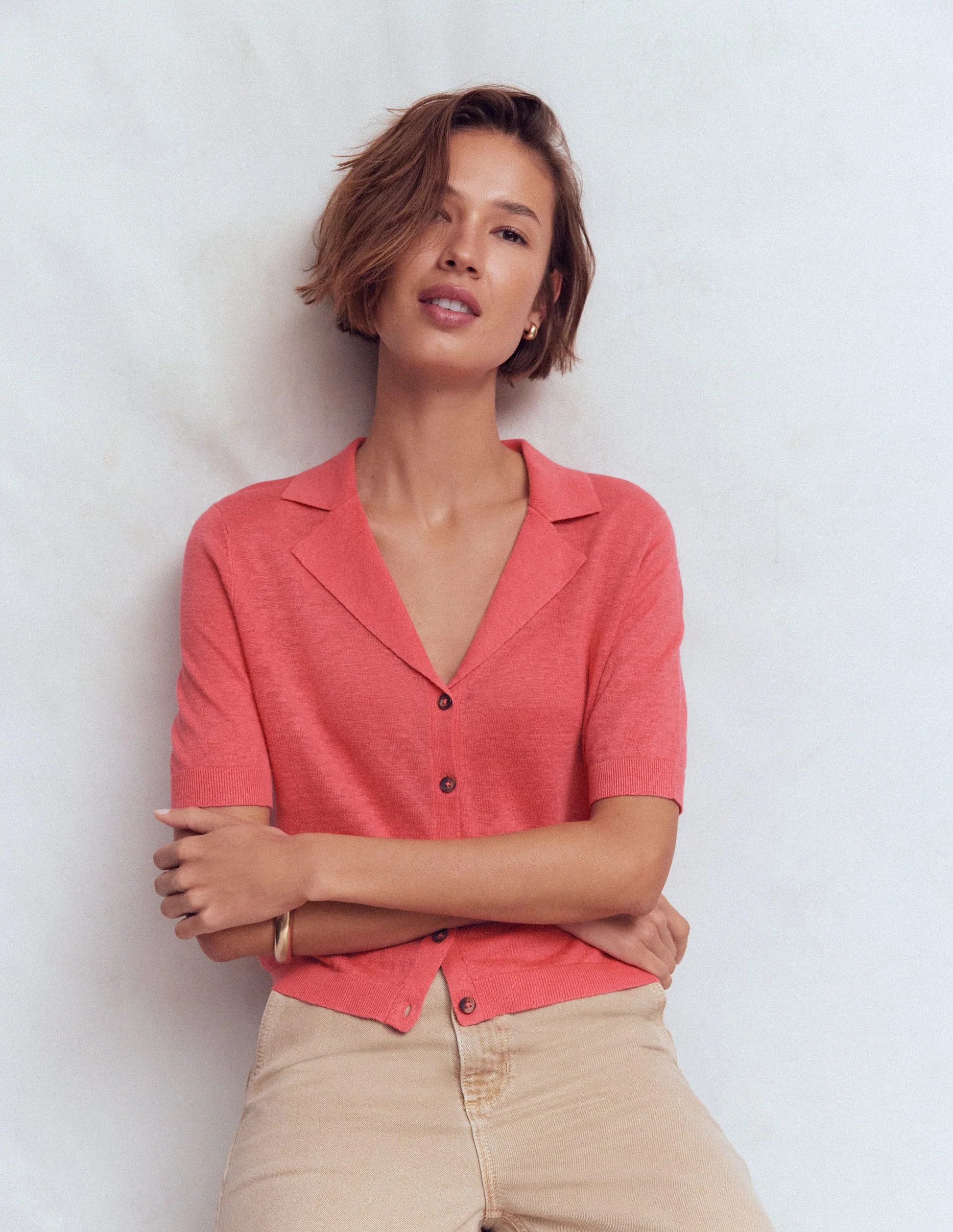 Agnes Collar Linen Cardigan-Coral | Boden UK