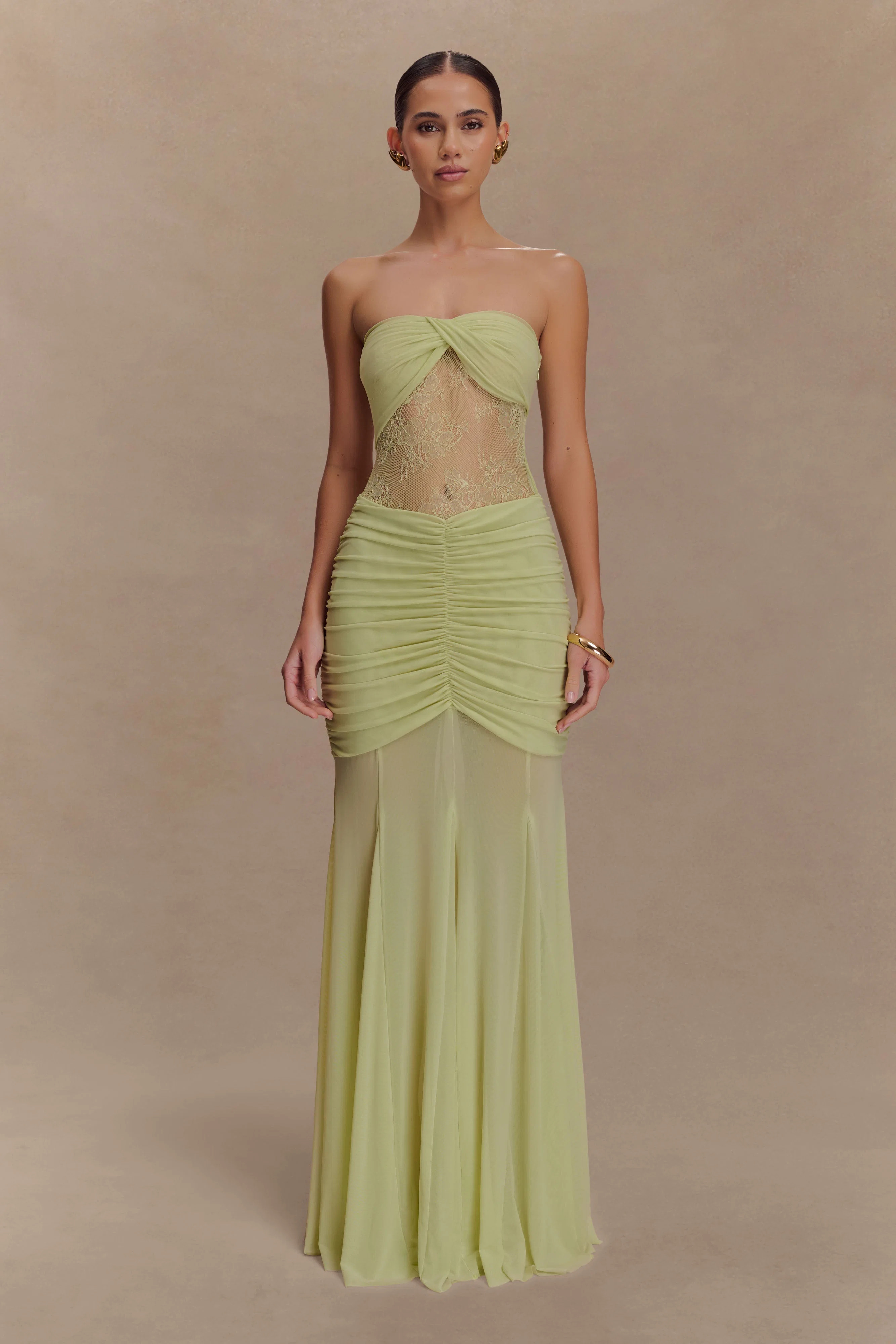 Aleena Aleena Satin And Lace Maxi Dress - Lemon | MESHKI US
