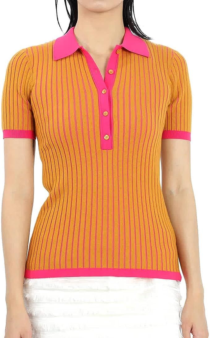 Burberry Ladies Knit Tops Solid Ochre Colorblock Ribbed Polo Shirt, Brand Size Large | Amazon (US)