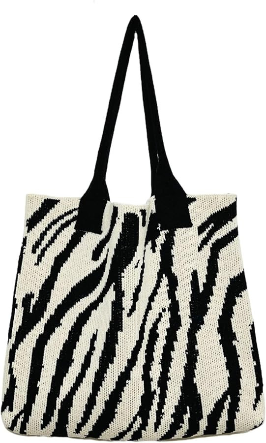 Women's Zebra-Stripe Knitted Tote Bag, Large Capacity Shoulder Bag, Trendy Zebra Print Woven Hand... | Amazon (US)