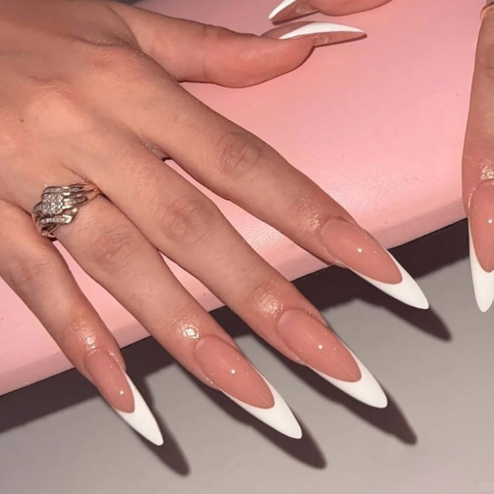 Stilettos Press on Nails White French Tip False Nails Glossy Extra Long Natural Glue on Nail Reus... | Amazon (US)
