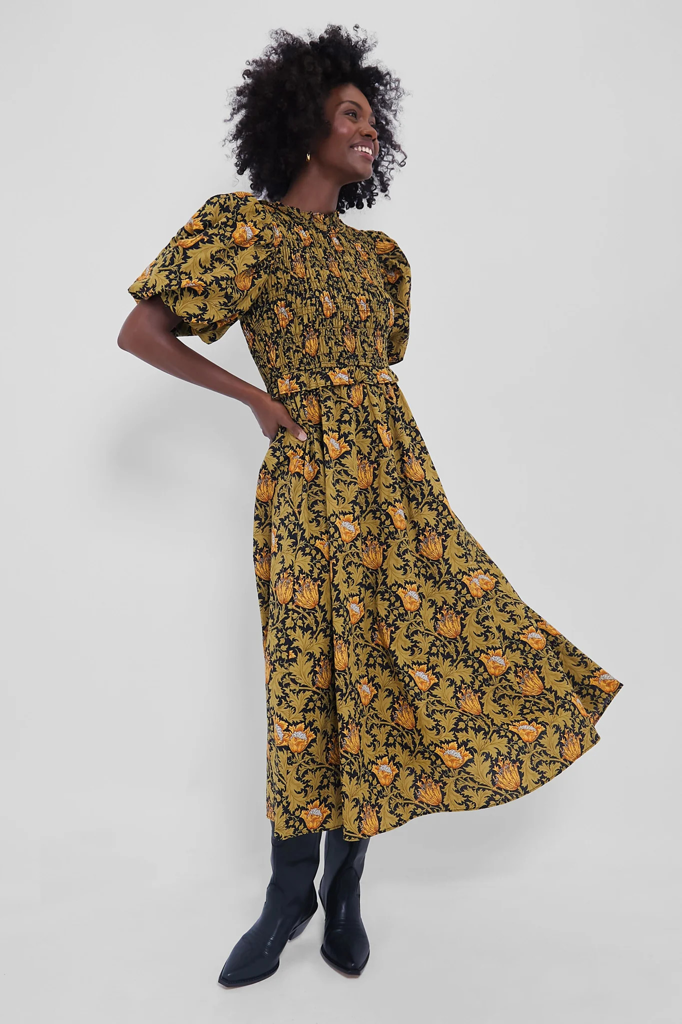 Olive Leafy Floral Smocked Smythe Midi Dress | Tuckernuck (US)