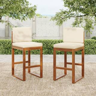 Theo Patio Solid Wood Outdoor Bar Stool with Beige Cushions, Footrest, Teak Finish, Set of 2 | The Home Depot