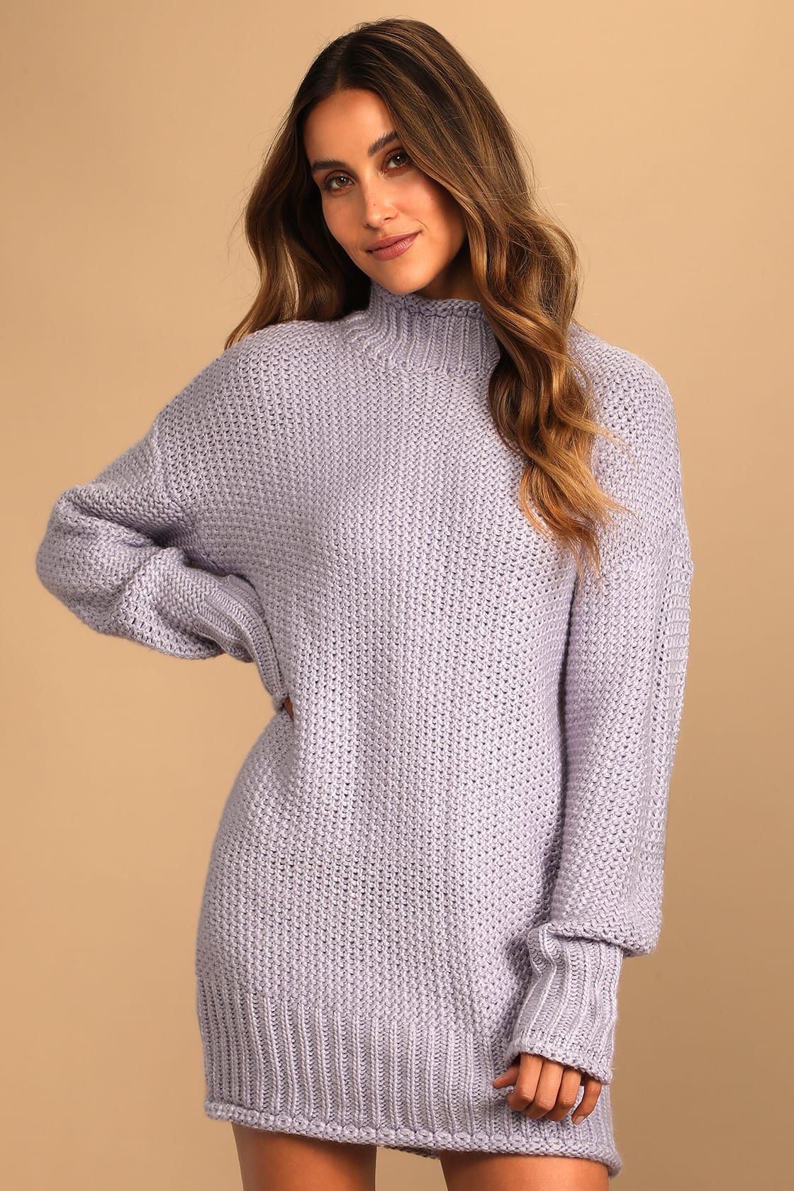 Get Upgraded Light Purple Chunky Knit Turtleneck Sweater Dress | Lulus (US)