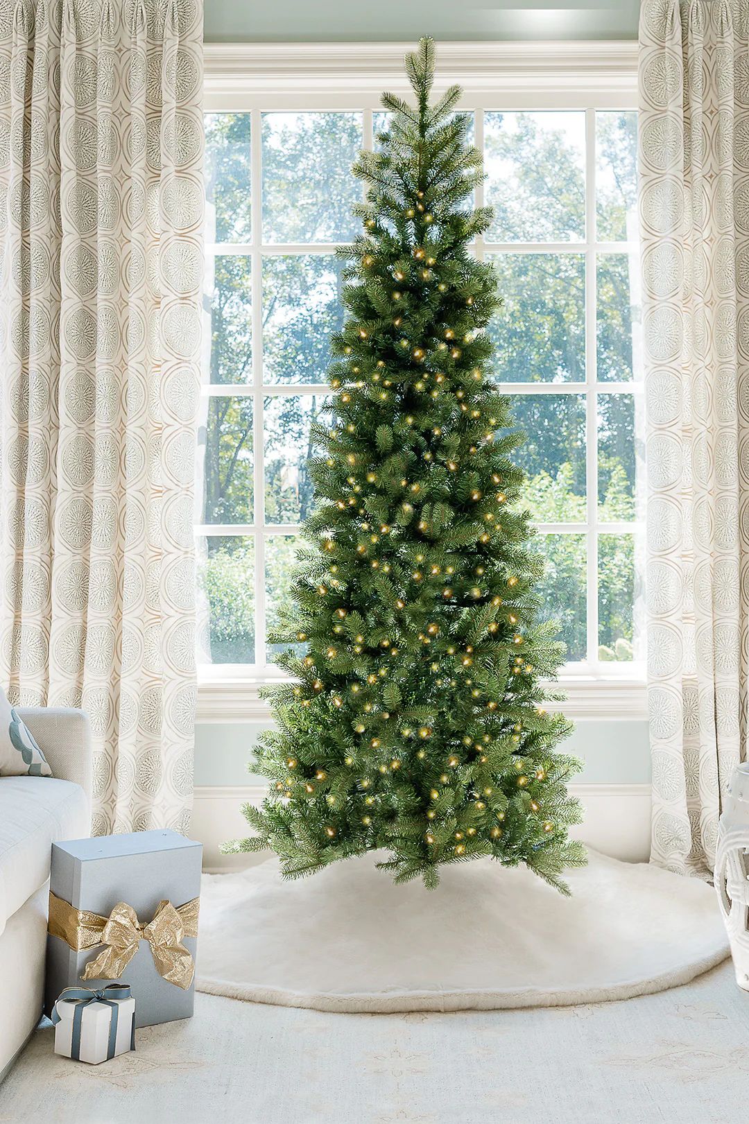 7.5' King Douglas Fir Slim Artificial Christmas Tree with 650 Warm White & Multi-Color LED Lights | King of Christmas