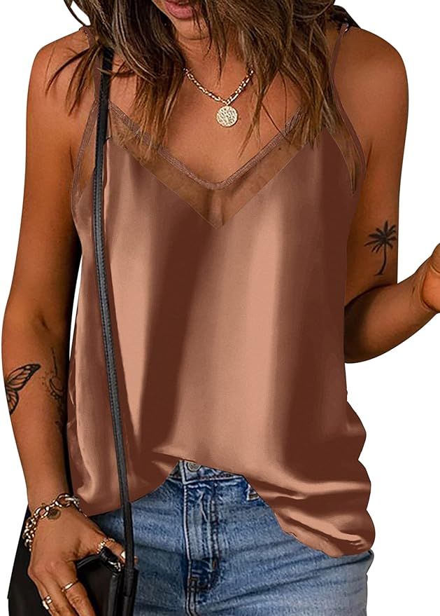 Ekouaer Silk Tank Top for Women Mesh V Neck Satin Camisole Silky Sleeveless Tank Cami Shirt | Amazon (US)