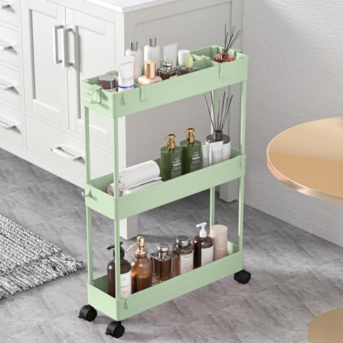 SPACELEAD Slim Storage Cart 3 Tier,Bathroom Organizer Rolling Utility,Mobile Shelving Unit Slide Out for Office, Kitchen, Laundry Room & Narrow Places，Green | Amazon (US)