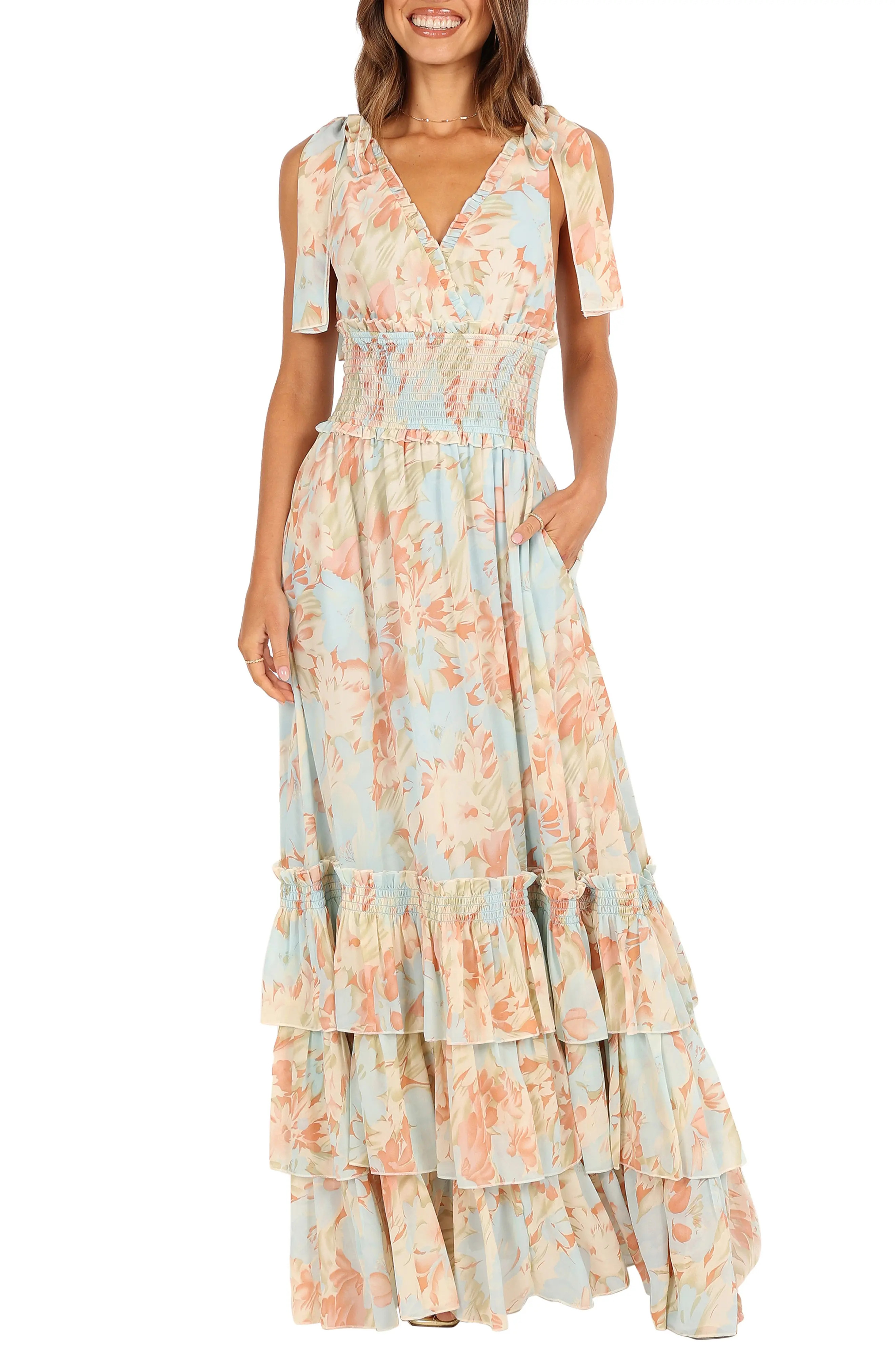 Petal & Pup Christabel Floral Print Sleeveless Tiered Maxi Dress in Blue Floral at Nordstrom, Size X-Large | Nordstrom