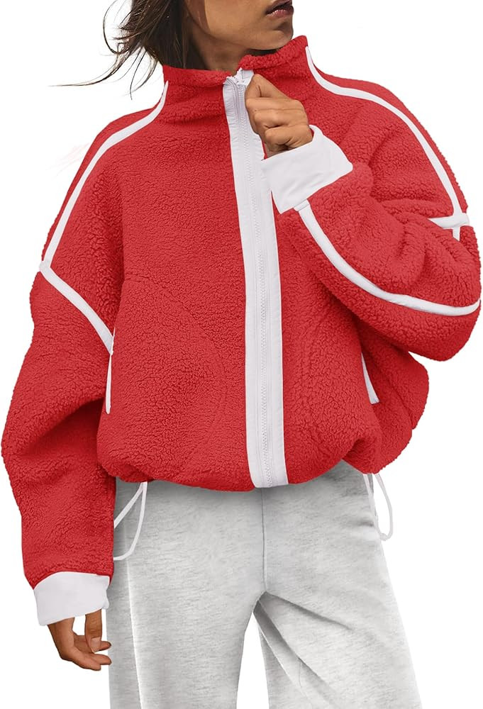 ReachMe Womens Fleece Jacket Zip Up Sherpa Jackets Striped Sweatshirt 2025 Winter Coats Warm Fuzz... | Amazon (US)