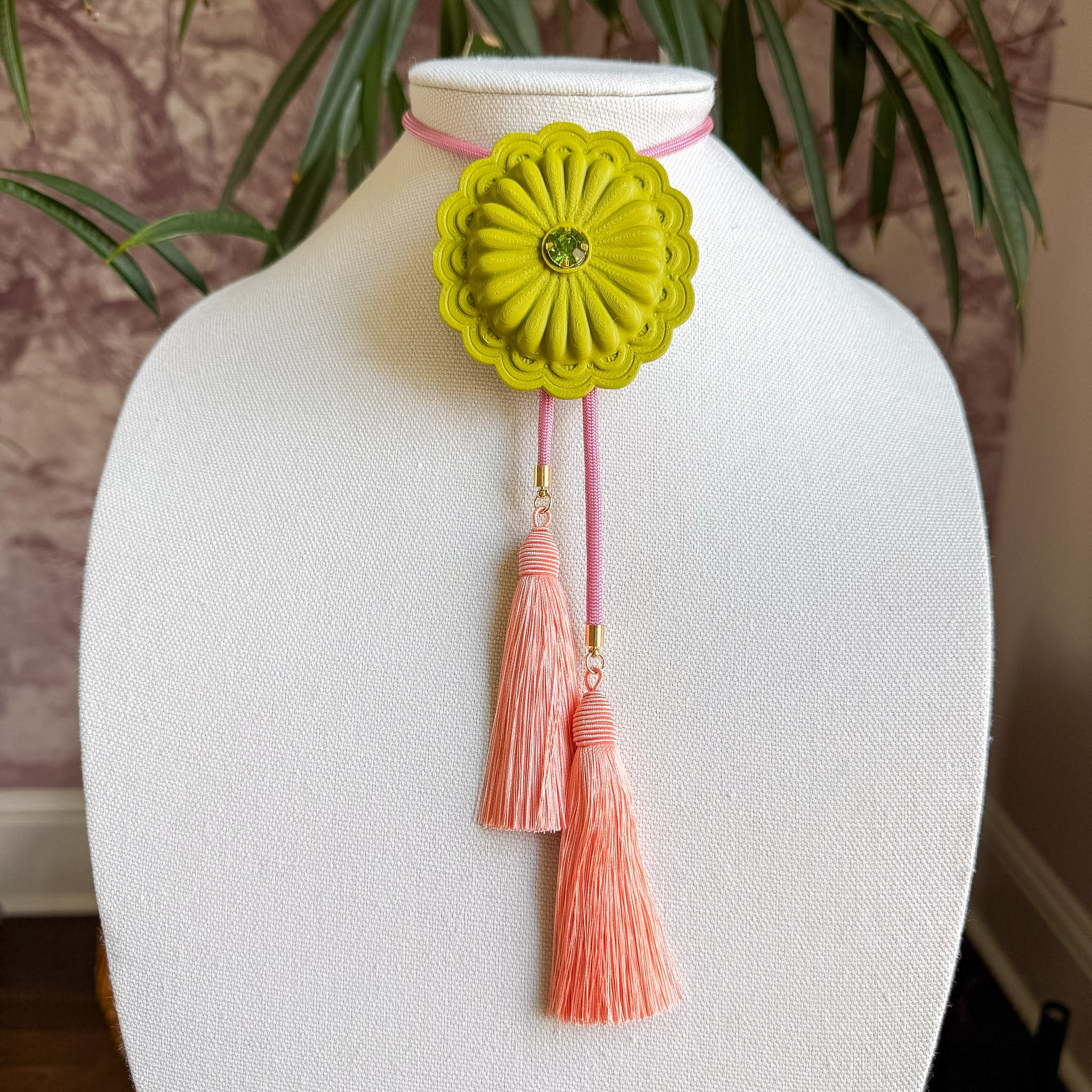 Concho Bolo Olive Green with Bubblegum Pink & Peach | Rahya Jewelry Design