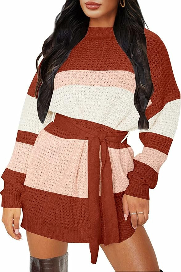 ZESICA Women's Long Sleeve Solid Color Waffle Knitted Tie Waist Tunic Pullover Sweater Dress | Amazon (US)