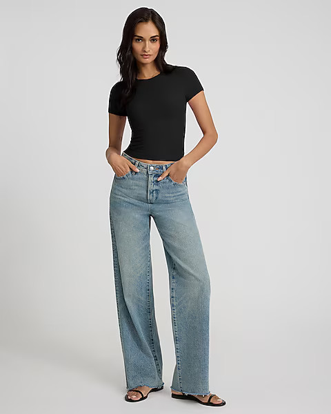 High Waisted Light Wash Raw Hem 50/50 Rigid Stretch Wide Leg Jeans | Express