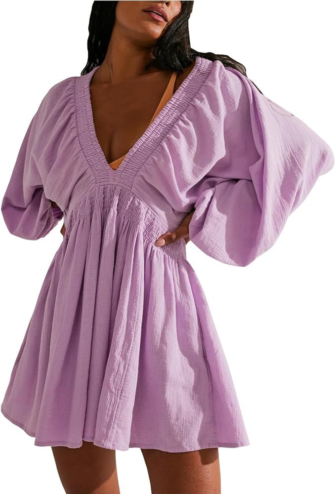 Ladyful Women's Cotton Linen Mini Dress V Neck A-Line Beach Sundress | Amazon (US)