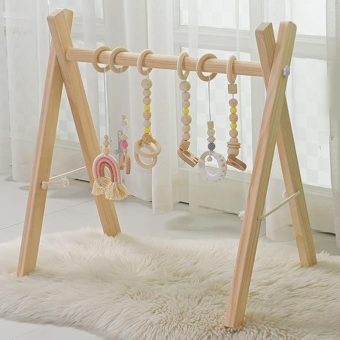 Wooden Baby Gym with 6 Wooden Baby Toys Foldable Baby Play Gym Frame Activity Gym Hanging Bar New... | Amazon (US)