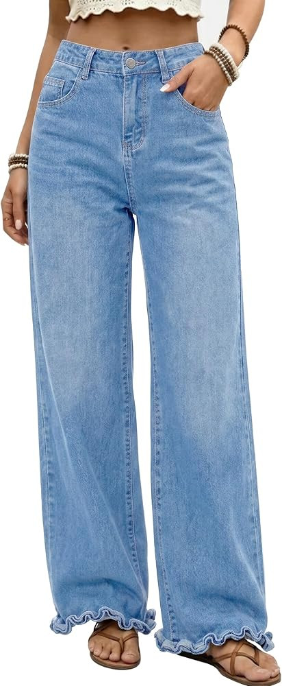 Wide Leg Jeans for Women Trendy Stretchy Ruffle Hem Denim Pants | Amazon (US)