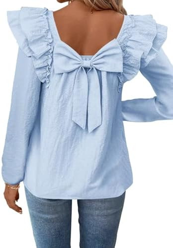 Falechay Womens Bow Tie Back Tops Babydoll Square Neck Long Sleeve Shirts | Ruffle Butterfly Slee... | Amazon (US)