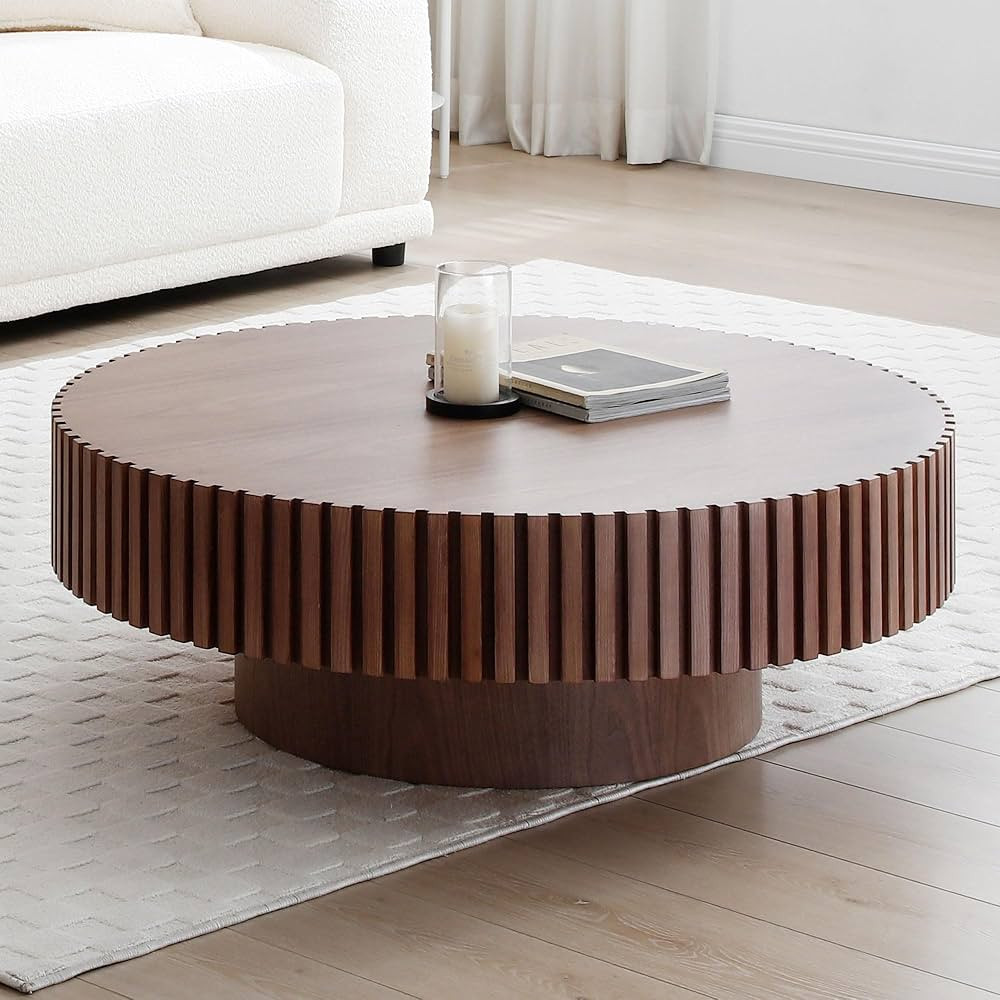 31.49'' Walnut Round Coffee Table for Apartment, Modern Living Room Coffee Table with Sturdy Pede... | Amazon (US)