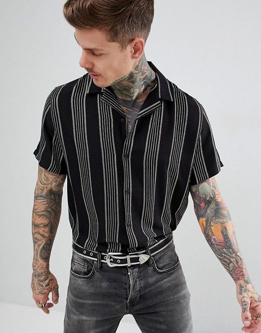 ASOS DESIGN oversized stripe shirt in black & gold with revere collar | ASOS US