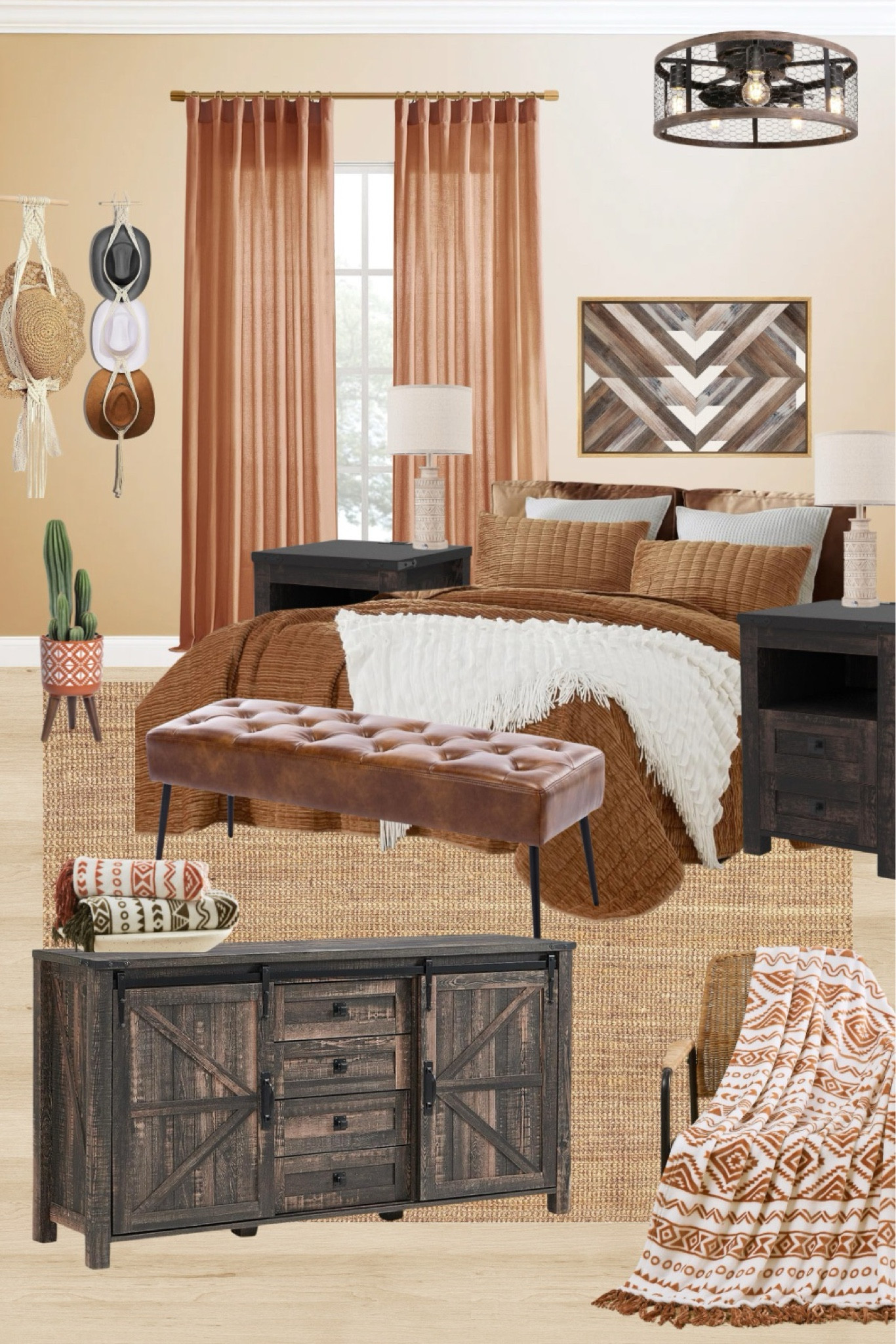 Boho western bedroom design idea with rustic bedroom furniture and terracotta bedroom accessories!

#LTKHome