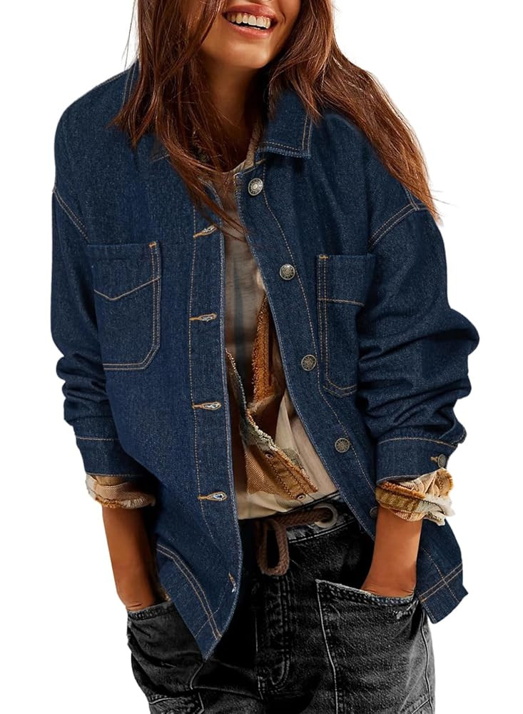 Sidefeel Women's Jean Jacket Oversized Boyfriend Button Up Long Sleeve Split Zimbaplatinum Denim ... | Amazon (US)