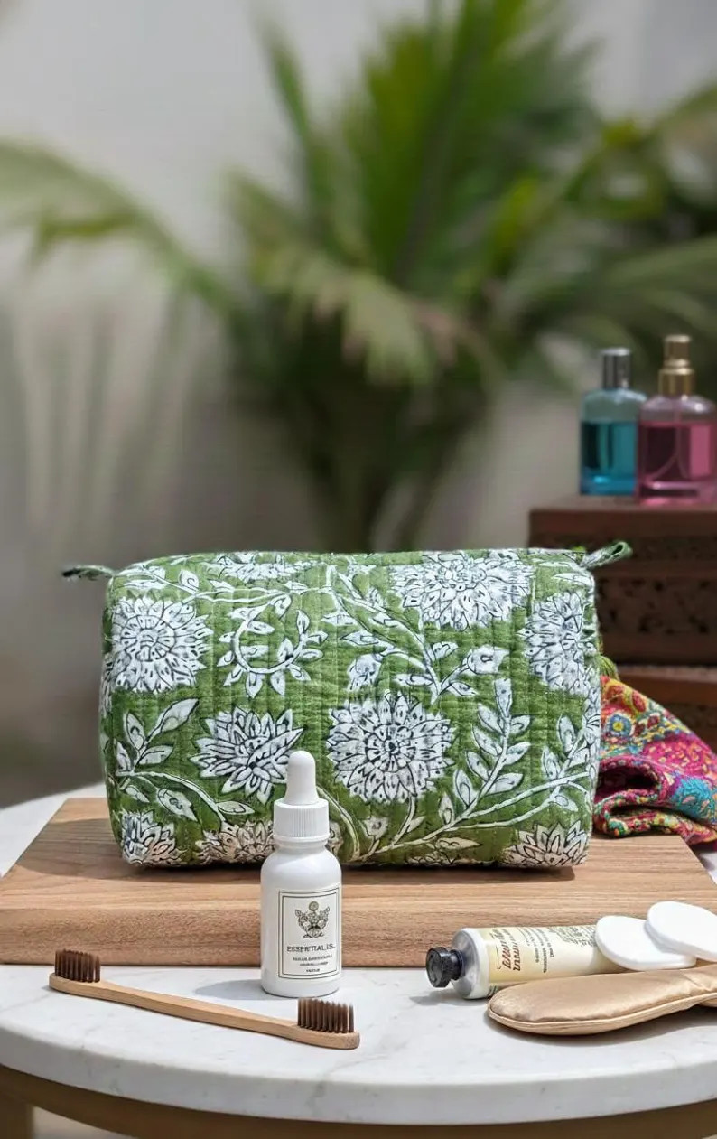Handmade Floral Quilted Cosmetic Pouch – Green Block Print Toiletry Bag | Etsy (US)