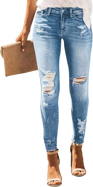 KUNMI Women's Skinny Ripped Trendy Jeans Distressed Stretchy Denim Pants | Amazon (US)