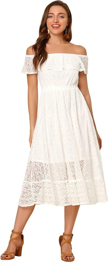 Allegra K Women's Off Shoulder Ruffled Dress High Waist Short Sleeve Boho Floral Lace Flowy Midi Dre | Amazon (US)