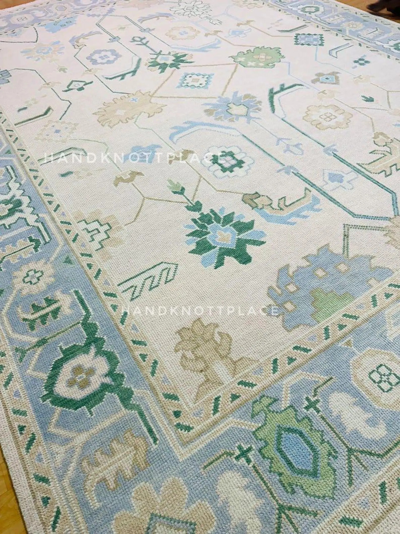 Muted Oushak Rug Hand Knotted Wool Area Rug in Soft Beige, Blue & Green Turkish Vintage Style Rug... | Etsy (Global)