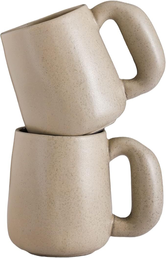 Large Coffee Mugs Cream Stoneware Mug Set with jumbo handle for Cocoa,Milk,Latte or Tea,Handmade ... | Amazon (US)