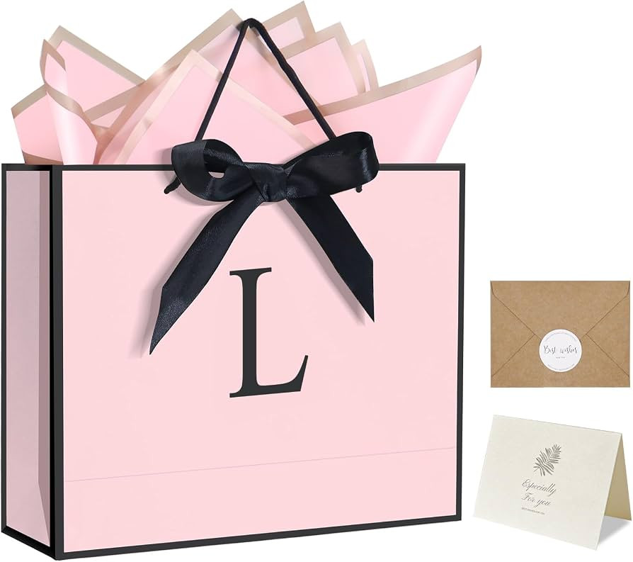 QLSKO Personalized Initial Paper Bag for Women Grils,Monogrammed Gift Bag with Bow Ribbon,Wrappin... | Amazon (US)