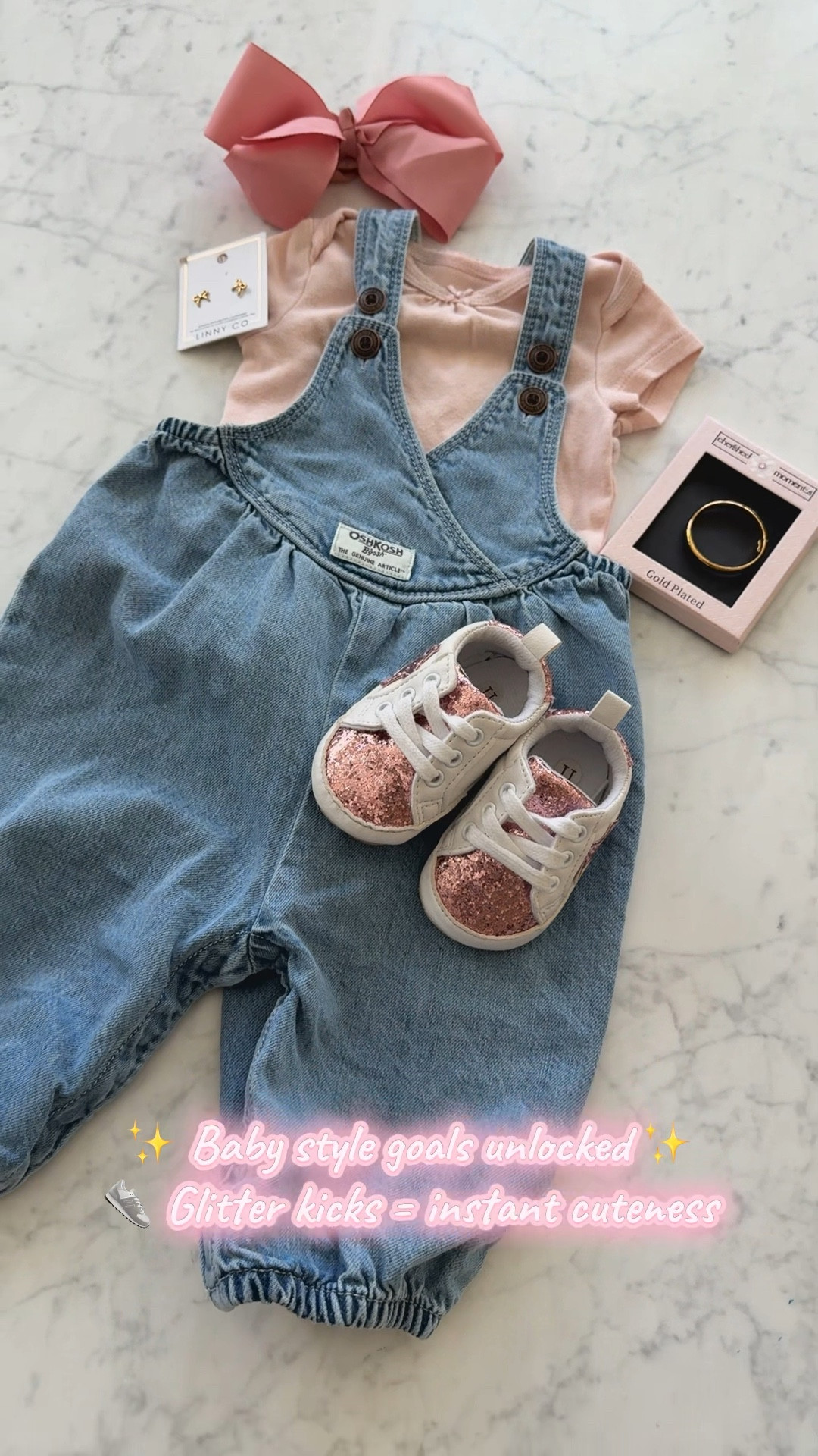 ✨ Baby style goals unlocked ✨ Pink bow, denim overalls, and the cutest glitter sneakers 🩷 Shoes are from TikTok Shop, but the rest is linked in my LTK!

#BabyOOTD #LTKKids #MiniStyle
