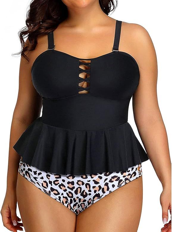 Yonique Plus Size Swimsuits for Women Tummy Control Two Piece Bathing Suits Peplum Tankini Tops H... | Amazon (US)
