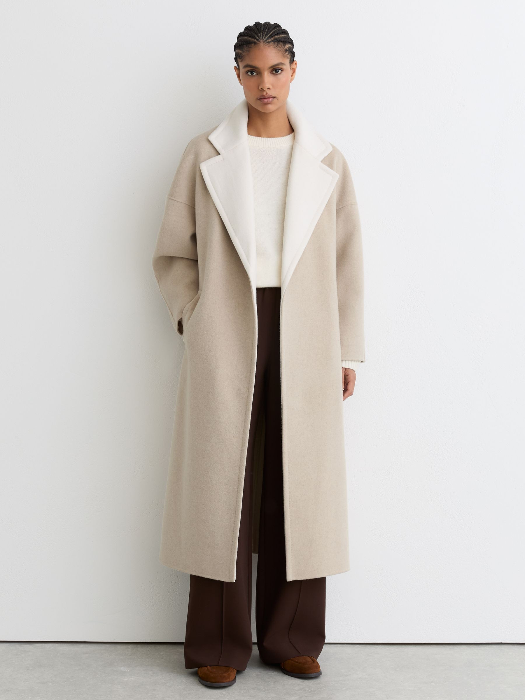 Reiss Wool Blindseam Contrast-Lapel Coat in Neutral - REISS | Reiss UK