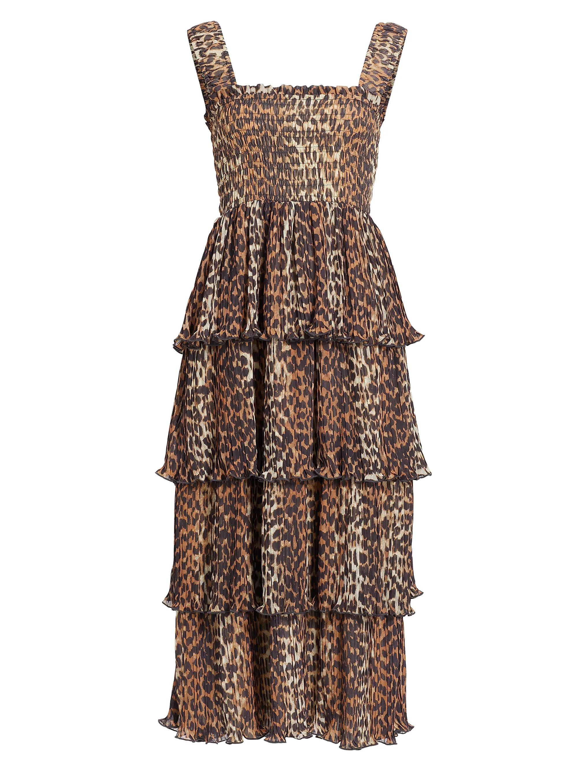 Leopard Smocked Flounce Midi-Dress | Saks Fifth Avenue