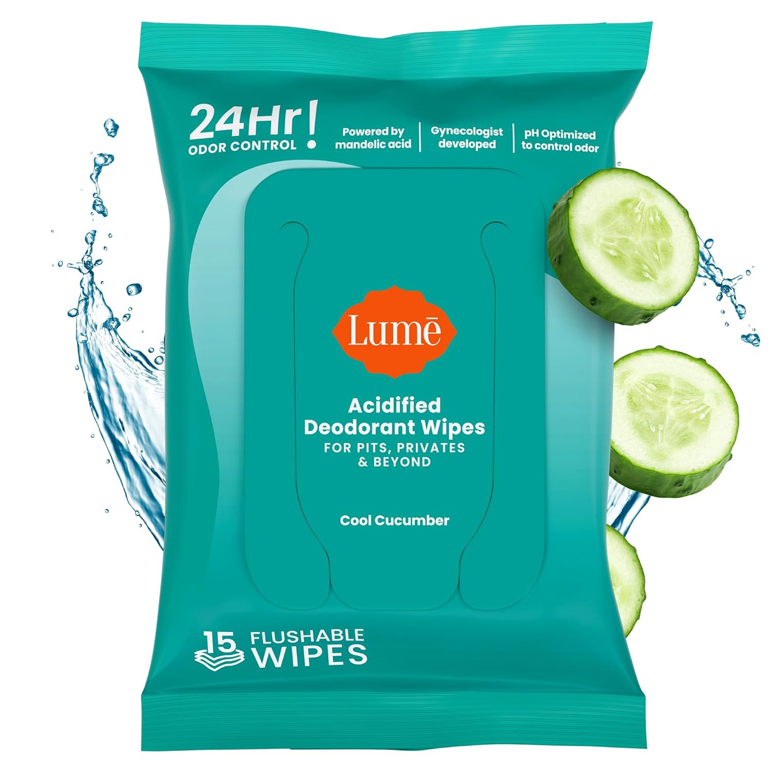 Lume Acidified Deodorant Wipes - 24 Hour Odor Control - Aluminum Free, Baking Soda Free, Skin Loving - Flushable - 15 Count (Cool Cucumber) | Amazon (US)